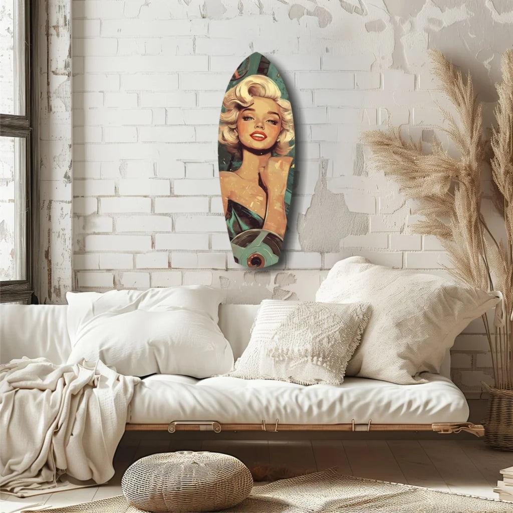 Vintage Marilyn Monroe pin-up on surfboard tempered glass art