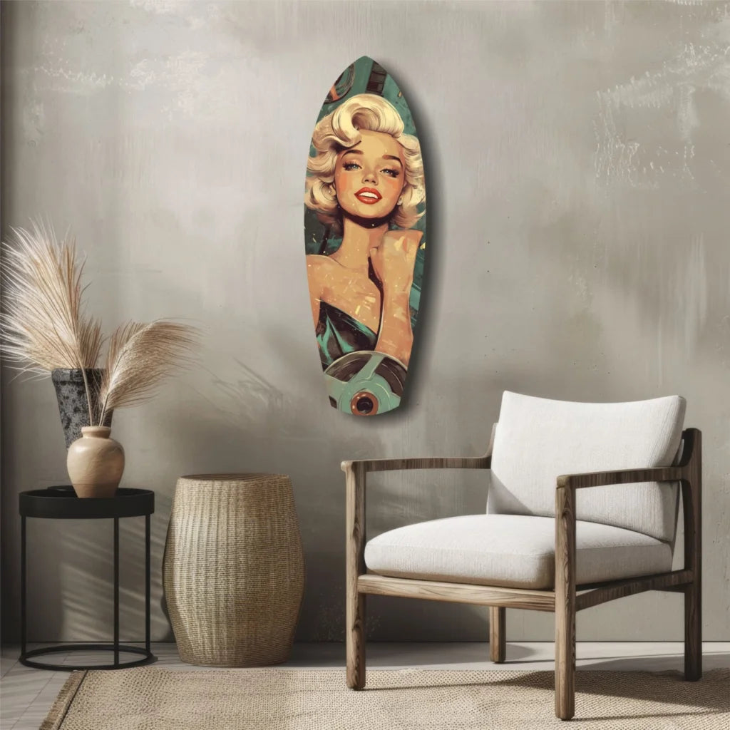 Vintage Marilyn Monroe surfboard tempered glass art with teal background