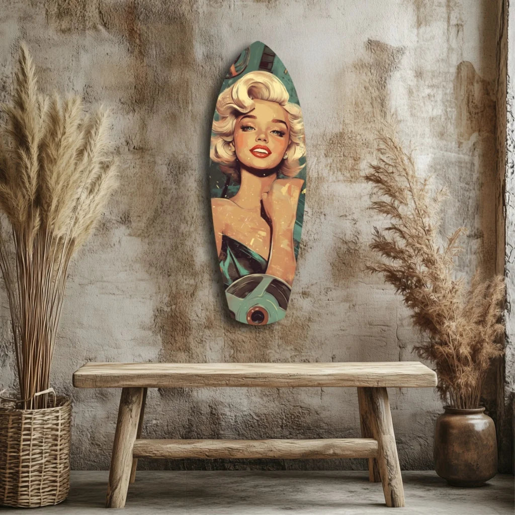 Marilyn Monroe Surfboard Tempered Glass Art for Your Wall | Modern Wall Art Decor | vintageantiquesgifts.com