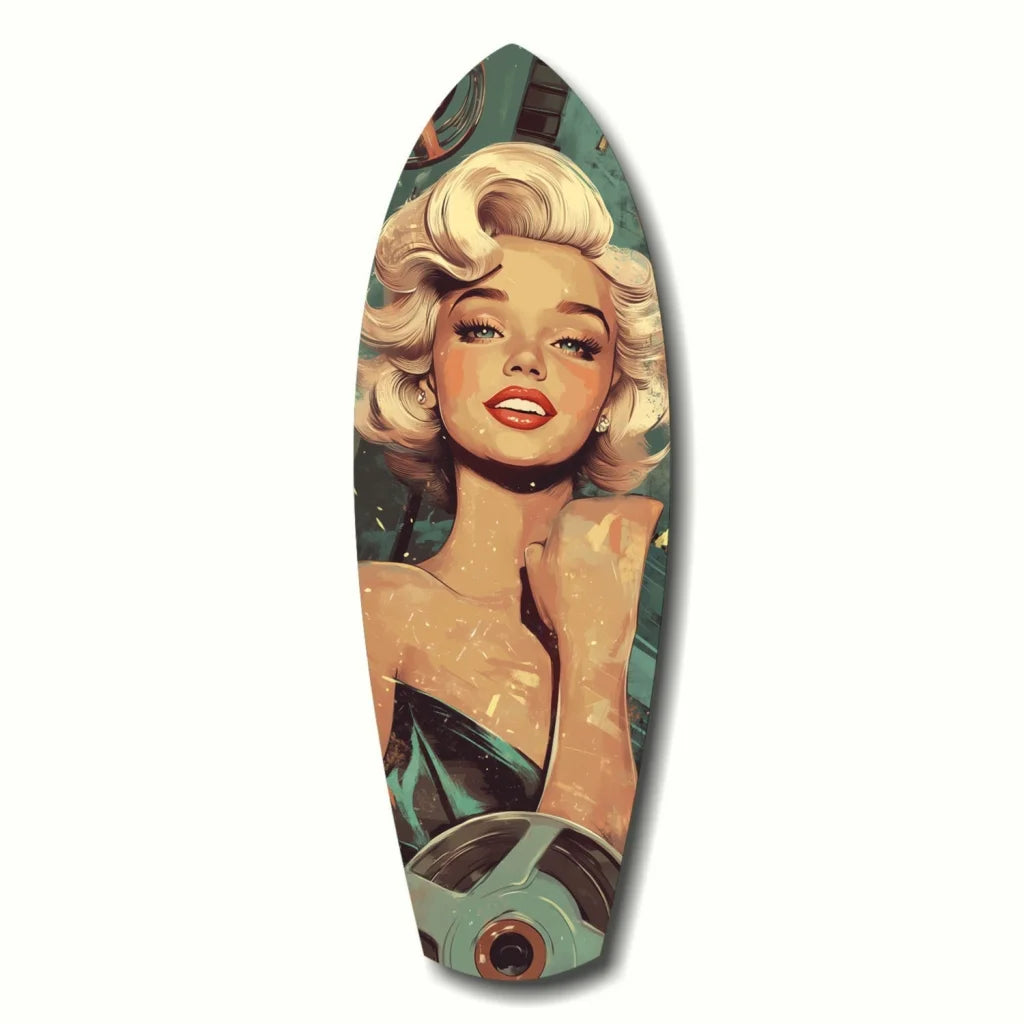 Marilyn Monroe Surfboard Tempered Glass Art for Your Wall | Insigneart USA | vintageantiquesgifts.com