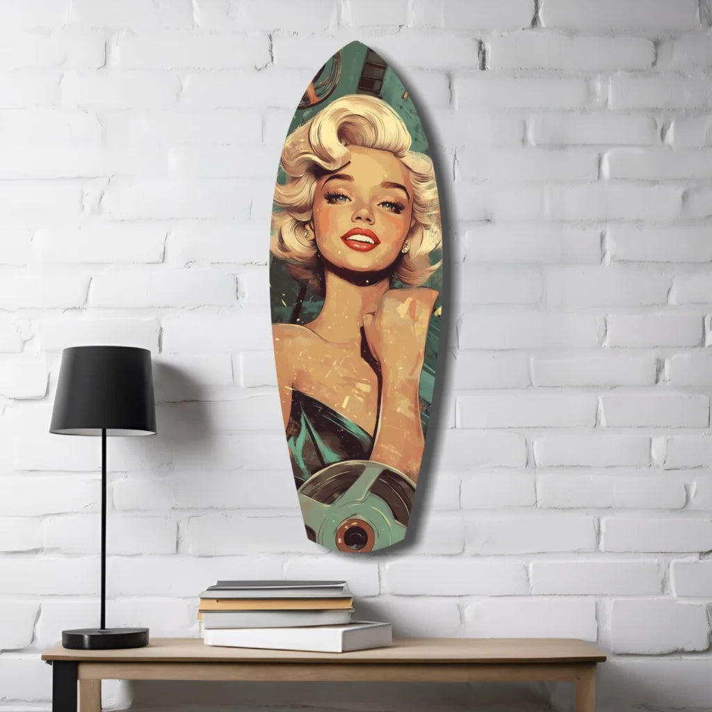 Marilyn Monroe Surfboard Tempered Glass Art for Your Wall | Contemporary Home Wall Art | vintageantiquesgifts.com