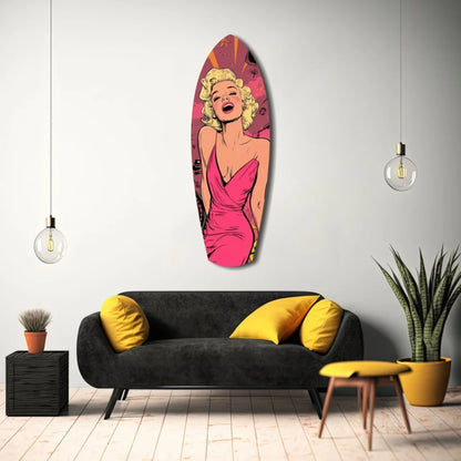 Vibrant tempered glass art of pop-art surfboard with blonde woman in pink dress