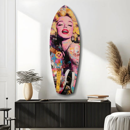 Marilyn Monroe surfboard tempered glass art in pink gold pop style