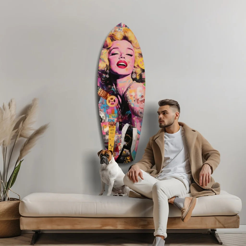 Vibrant Marilyn Monroe tempered glass art surfboard with pop-art portrait