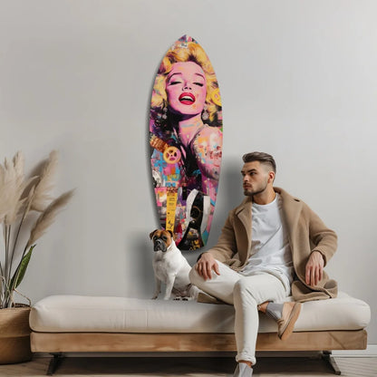 Vibrant Marilyn Monroe tempered glass art surfboard with pop-art portrait