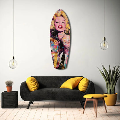 Marilyn Monroe surfboard tempered glass art in vibrant pink hues