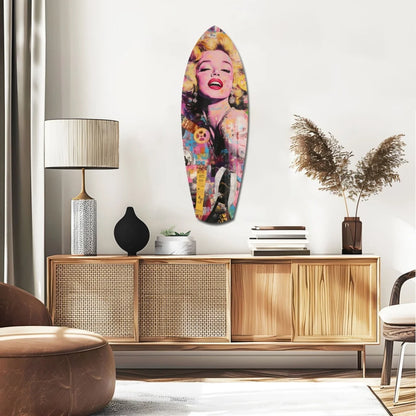 Vibrant pop-art Marilyn Monroe tempered glass art on surfboard decor