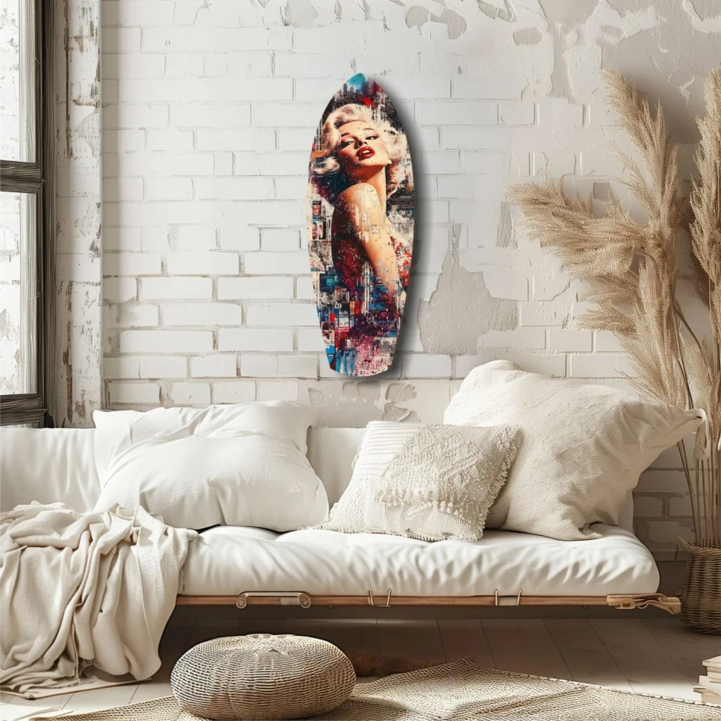 Vibrant Marilyn Monroe tempered glass art on surfboard wall decor