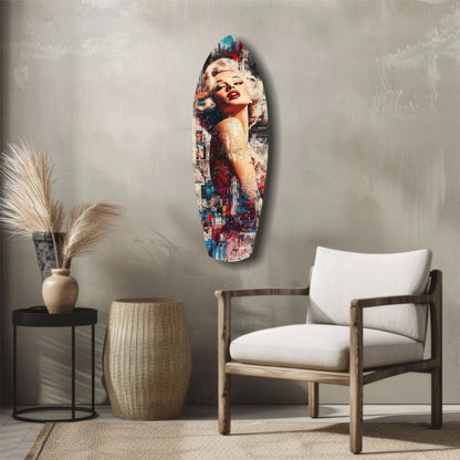Vibrant Marilyn Monroe tempered glass art on surfboard decor