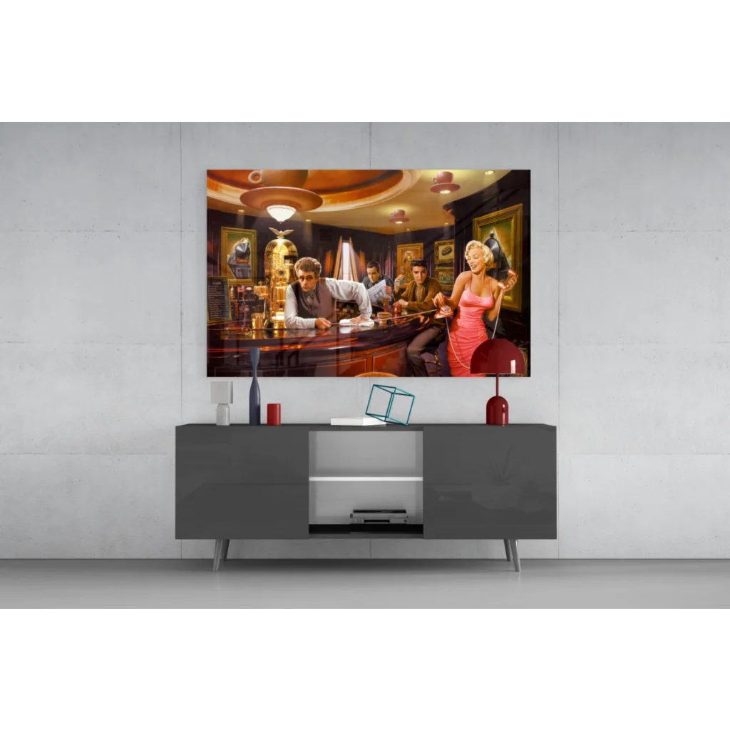 Vibrant glass wall art of glamorous 1950s bar scene with Marilyn and Elvis