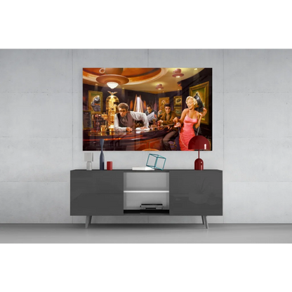 Vibrant glass wall art of glamorous 1950s bar scene with Marilyn and Elvis