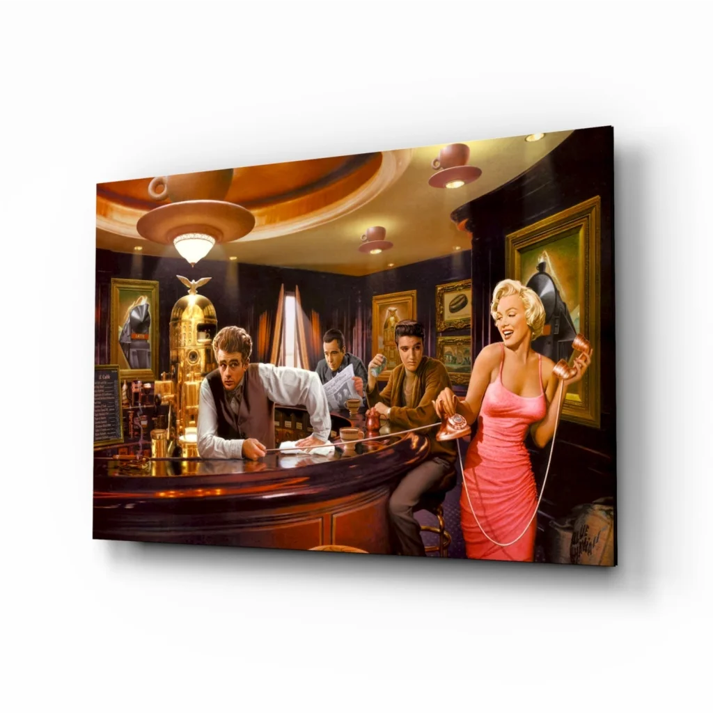 Glamorous 1950s Bar Scene Glass Wall Art with Marilyn and Elvis | Insigneart USA | vintageantiquesgifts.com