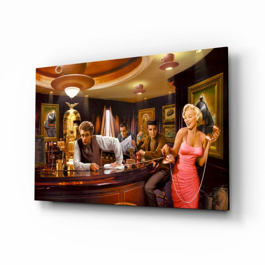 Retro 1950s bar glass wall art with Marilyn Monroe and Elvis