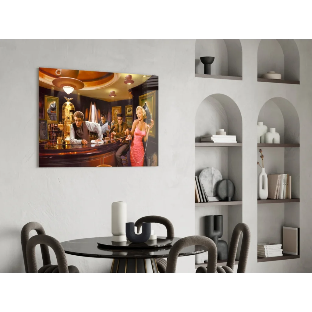 Vibrant 1950s bar glass wall art with Marilyn and Elvis in pink dress