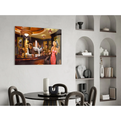 Vibrant 1950s bar glass wall art with Marilyn and Elvis in pink dress