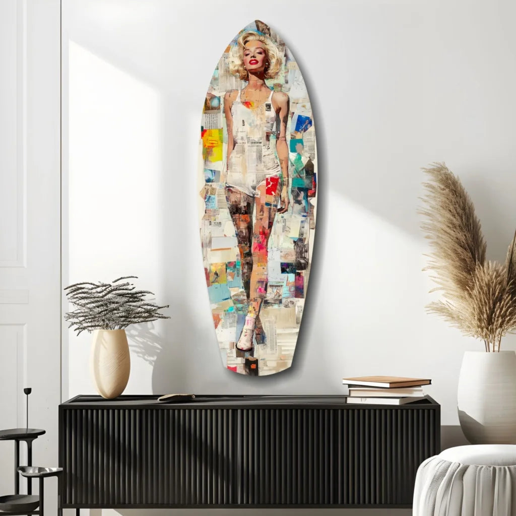 Vibrant Marilyn Monroe tempered glass art surfboard collage