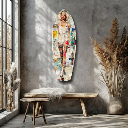 Vibrant Marilyn Monroe tempered glass art on surfboard canvas