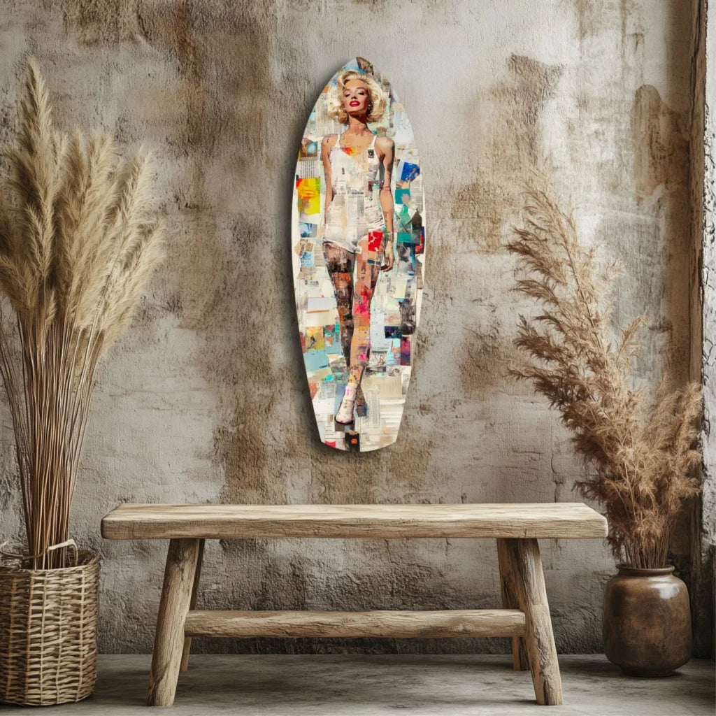Marilyn Monroe Surfboard Tempered Glass Art Pop Culture Piece | Modern Wall Art Decor | vintageantiquesgifts.com