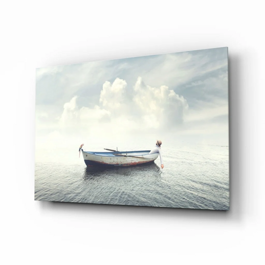 Serene boat glass wall art canvas print of rowboat on calm water