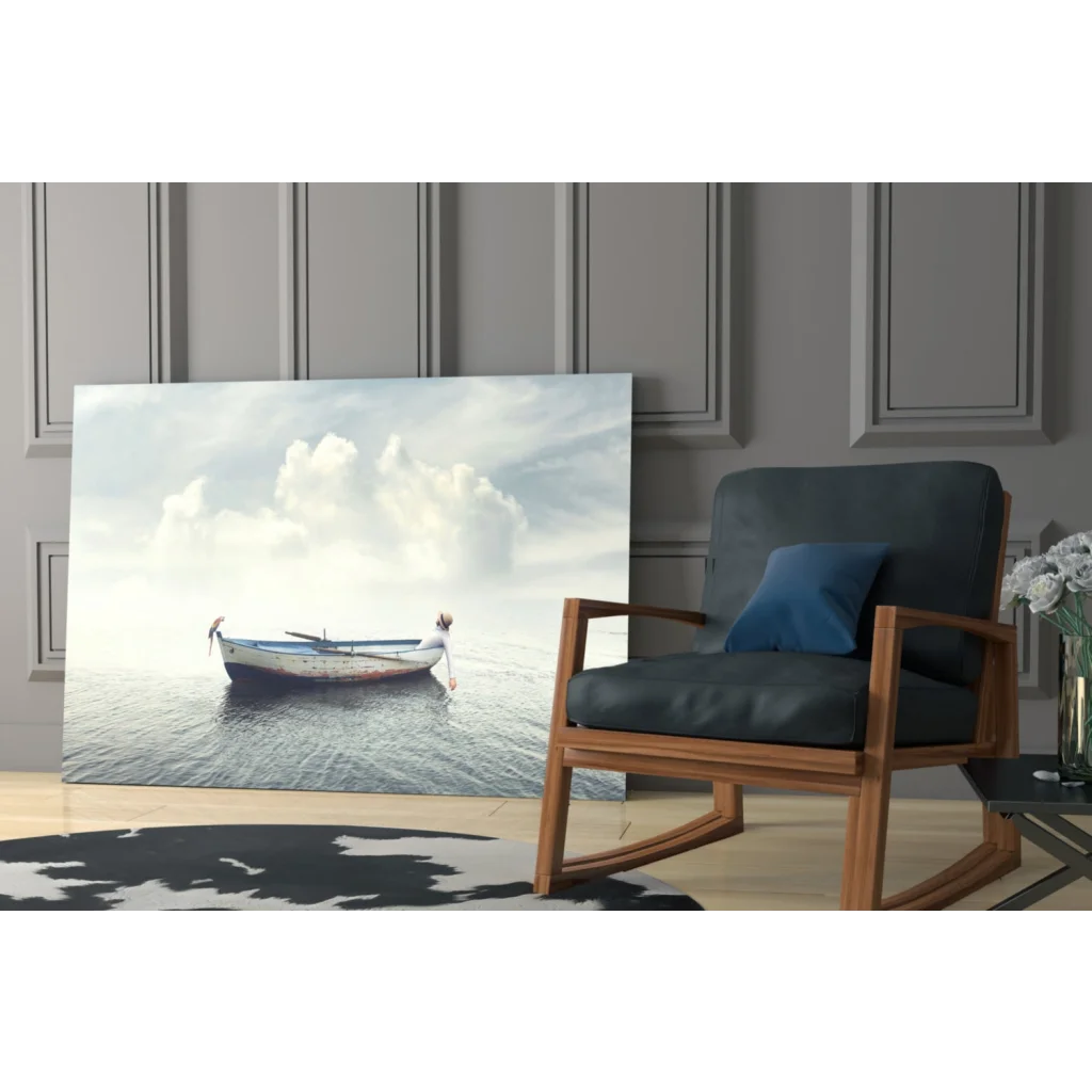 Serene boat glass wall art canvas print of solitary figure by calm waters