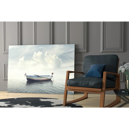 Serene boat glass wall art canvas print of solitary figure by calm waters