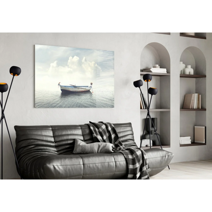 Serene white boat on misty waters glass wall art canvas print