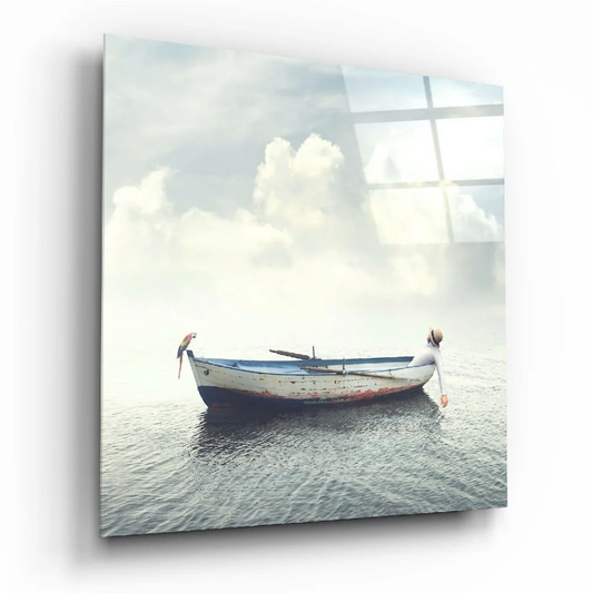 Serene weathered white and blue rowboat glass wall art on calm water