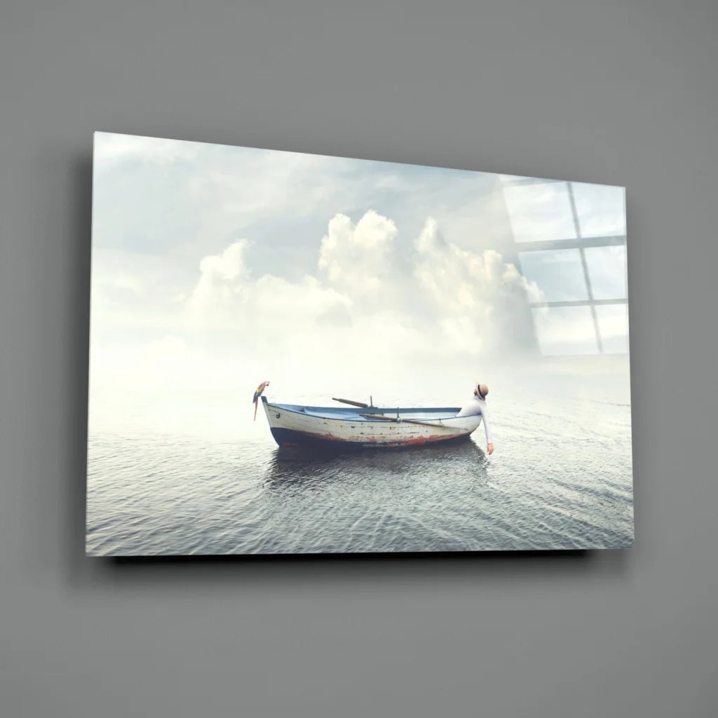 Serene old white boat on calm water glass wall art print