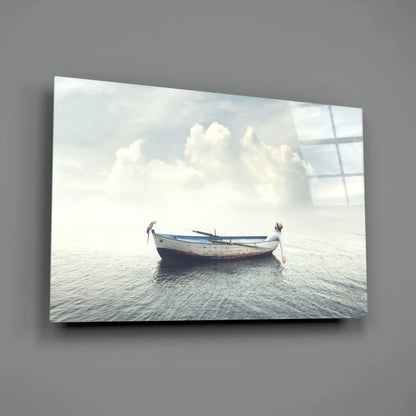 Serene old white boat on calm water glass wall art print