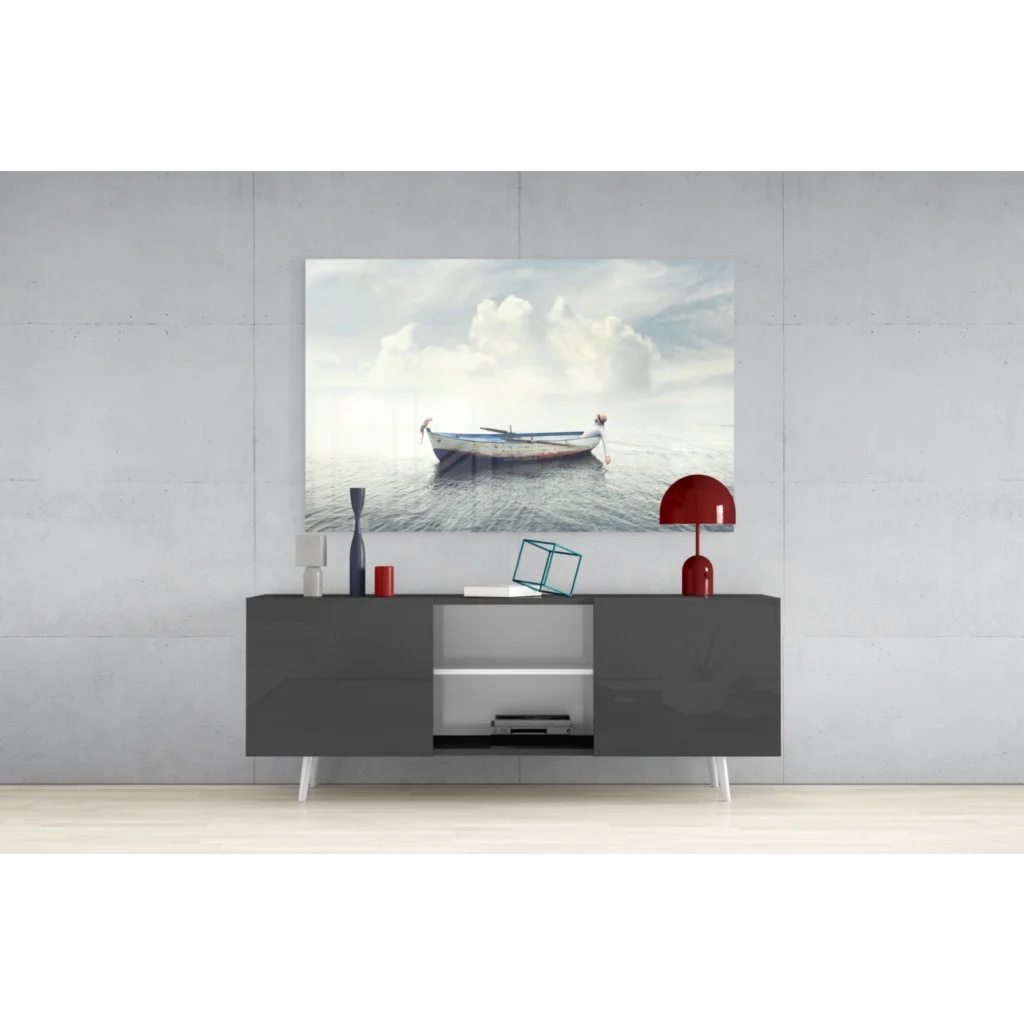Serene white boat glass wall art canvas print on calm waters