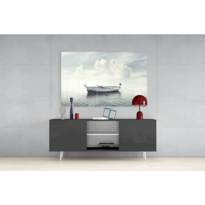 Serene white boat glass wall art canvas print on calm waters