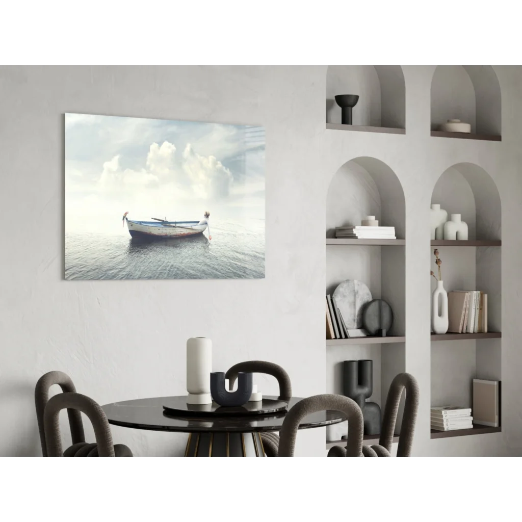 Serene blue boat glass wall art canvas print on calm waters