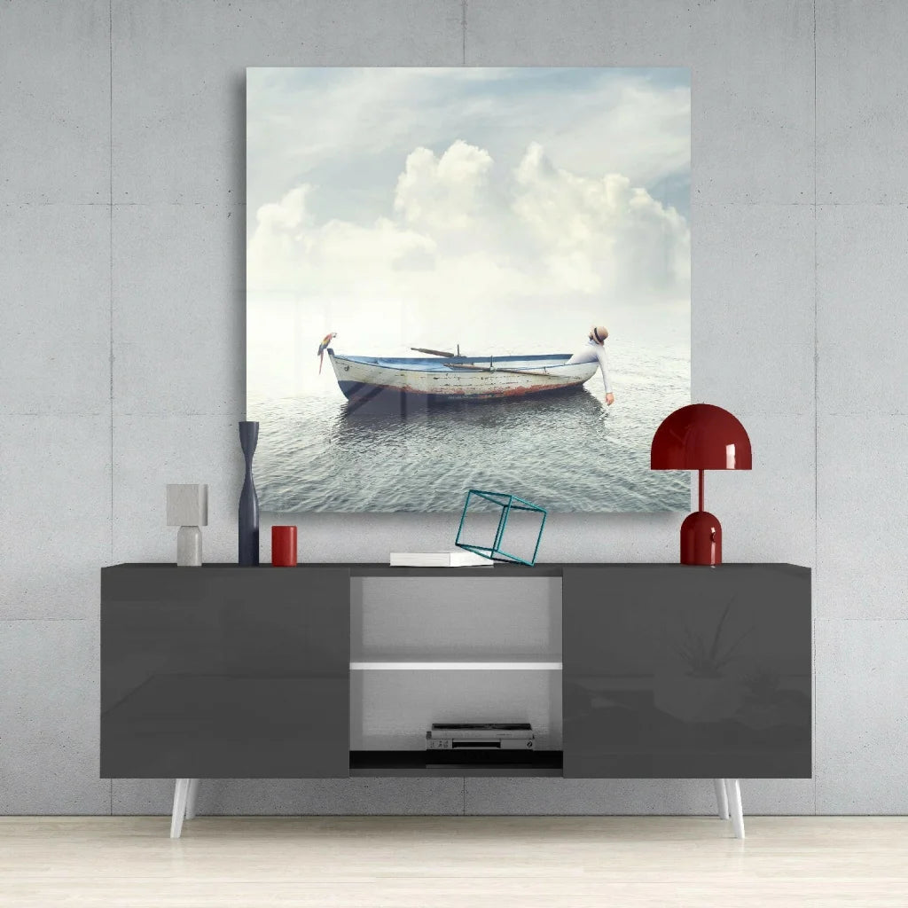 Serene white blue rowboat on calm waters, tranquil glass wall art