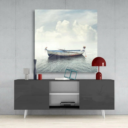 Serene white blue rowboat on calm waters, tranquil glass wall art