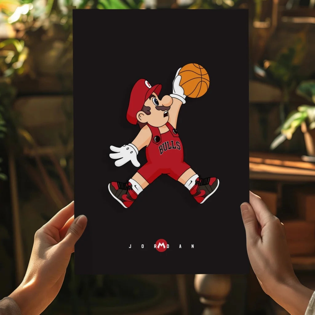 Cartoon Mario in red Bulls jersey dunking basketball on insigne aluminum print