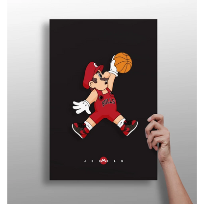 Cartoon Mario in red Bulls jersey dunking basketball on insigne aluminum prints