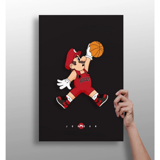 Cartoon Mario in red Bulls jersey dunking basketball on insigne aluminum prints