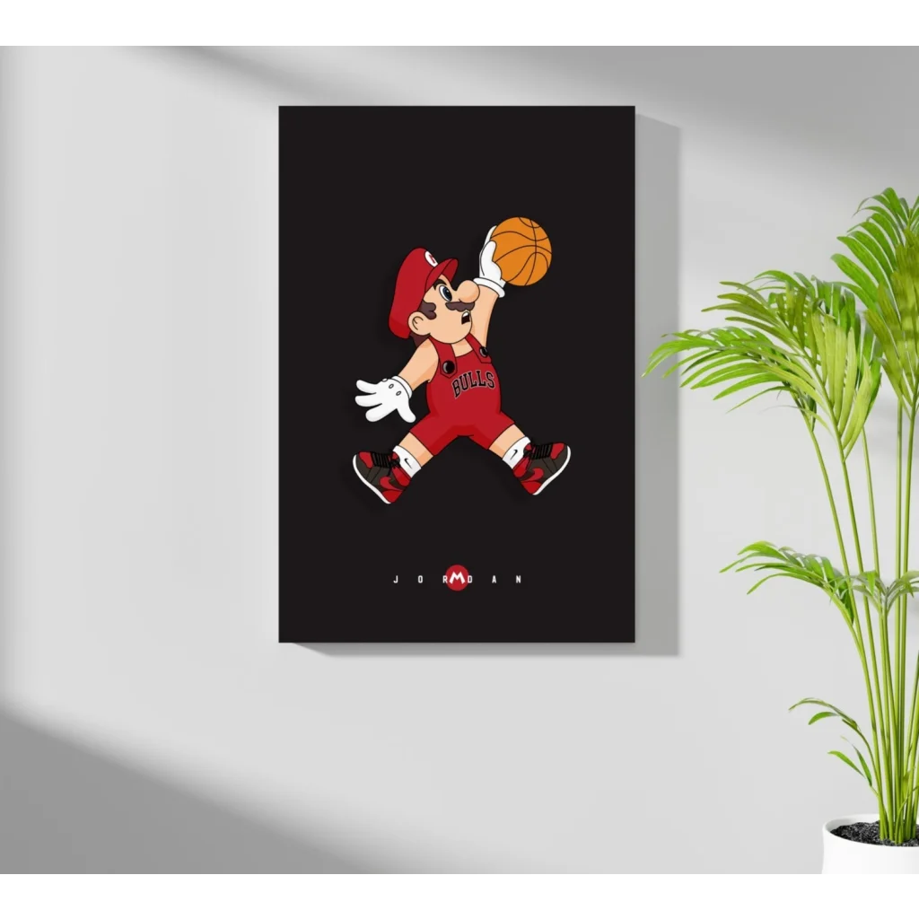 Cartoon Mario in red Bulls jersey dunking basketball on insigne aluminum print