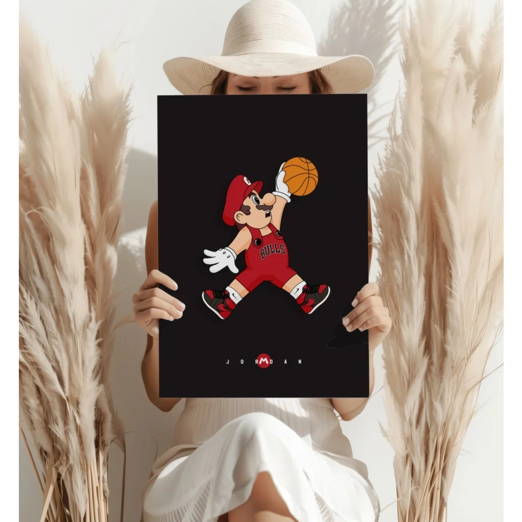 Mario in Bulls jersey holding Jordan basketball on insigne aluminum print