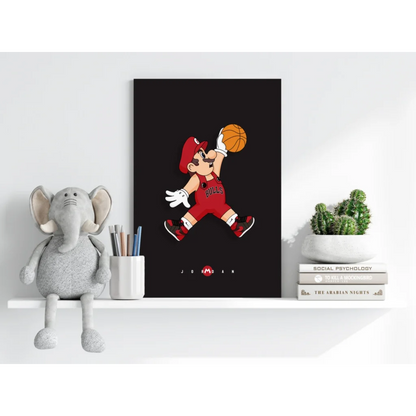 Stylized Mario in Bulls jersey dunking basketball on insigne aluminum print