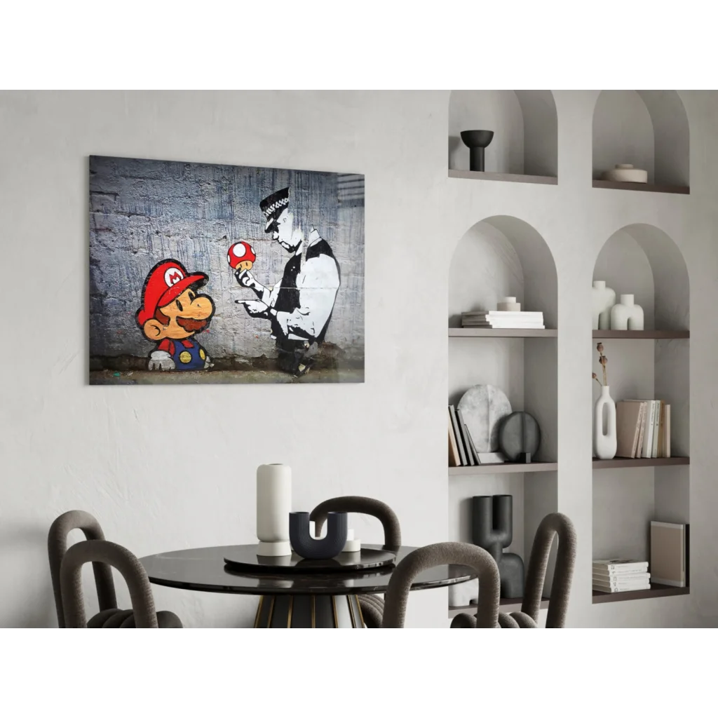 Mario offering red mushroom to cop in black white graffiti wall art print
