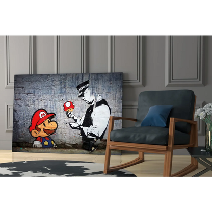 Stylized Mario and cop graffiti canvas wall art print with red mushroom