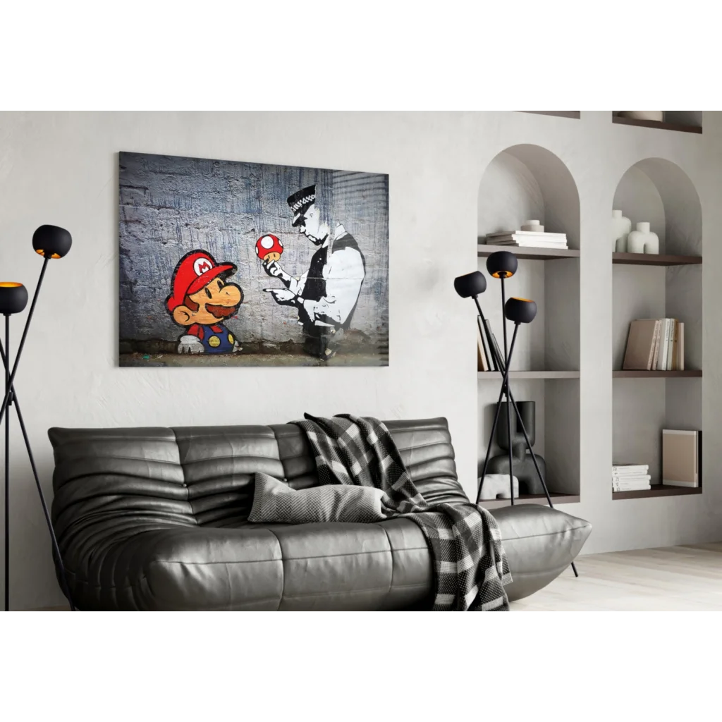 Mario graffiti wall art print with cartoon Mario, cop, and red mushroom