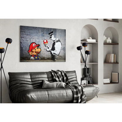 Mario graffiti wall art print with cartoon Mario, cop, and red mushroom