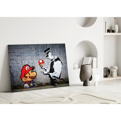 Mario and cop with red mushroom graffiti canvas wall art print