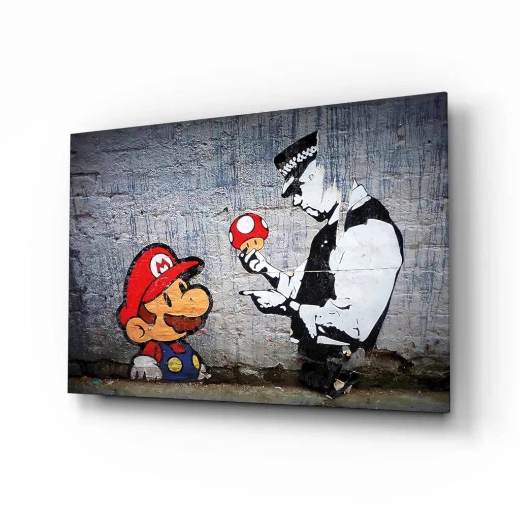 Mario street art canvas wall art print with cop and red mushroom