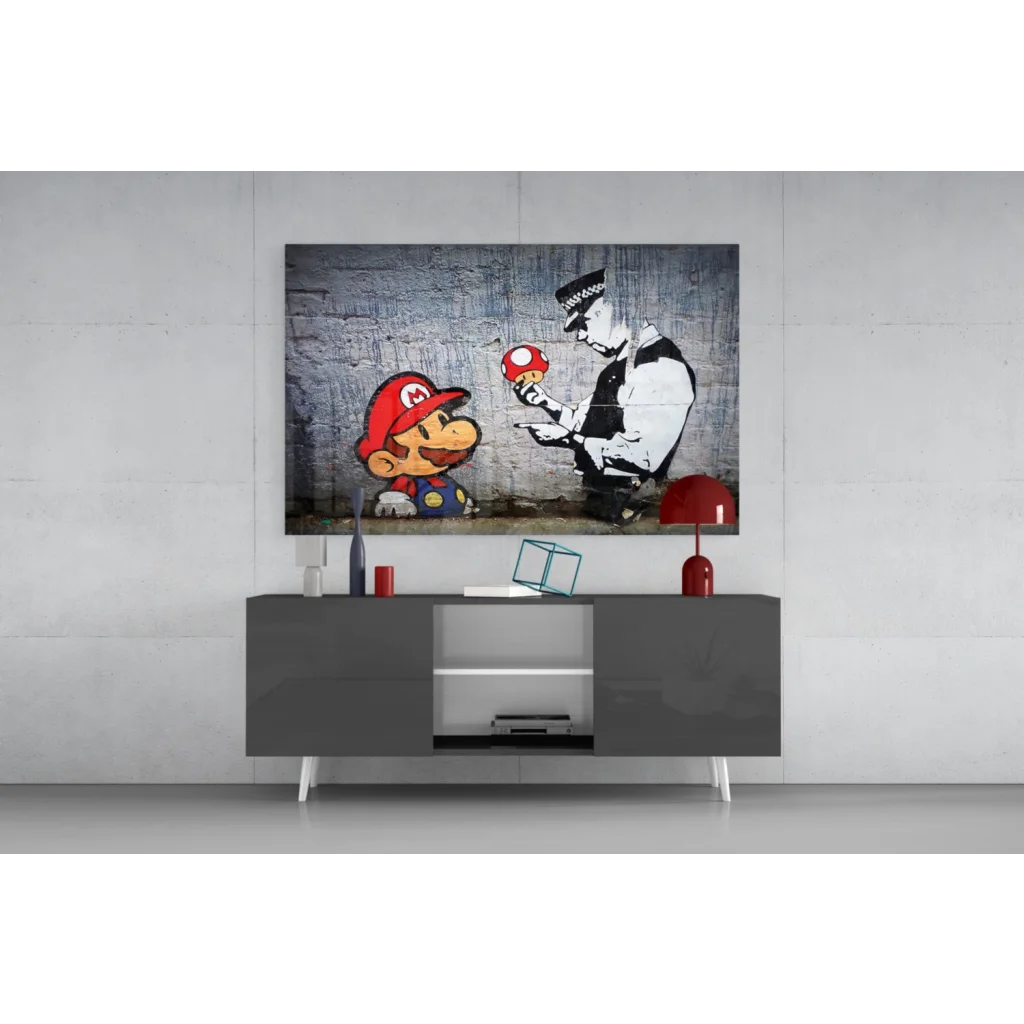 Vibrant Mario street art canvas wall art print with cop in reds, blacks