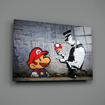 Mario in red hat and blue overalls with cop holding mushroom street art wall art print