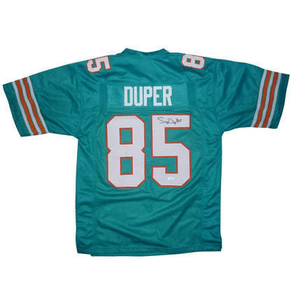 Back of Mark Duper autographed Miami Dolphins teal #85 jersey with Duper 85
