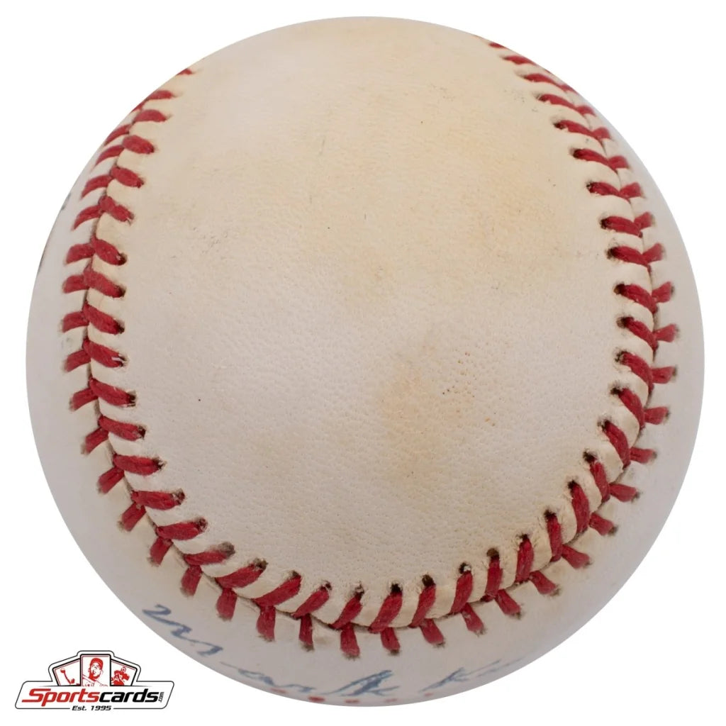Classic white Mark Koenig signed baseball with red stitching and Beckett authentication